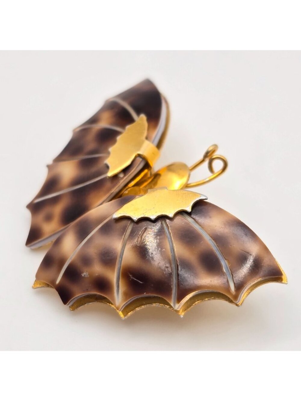 Vintage Tiger Cowrie Shell Butterfly Brooch 1.75" Gold Tone Insect Statement Pin - Picture 2 of 6